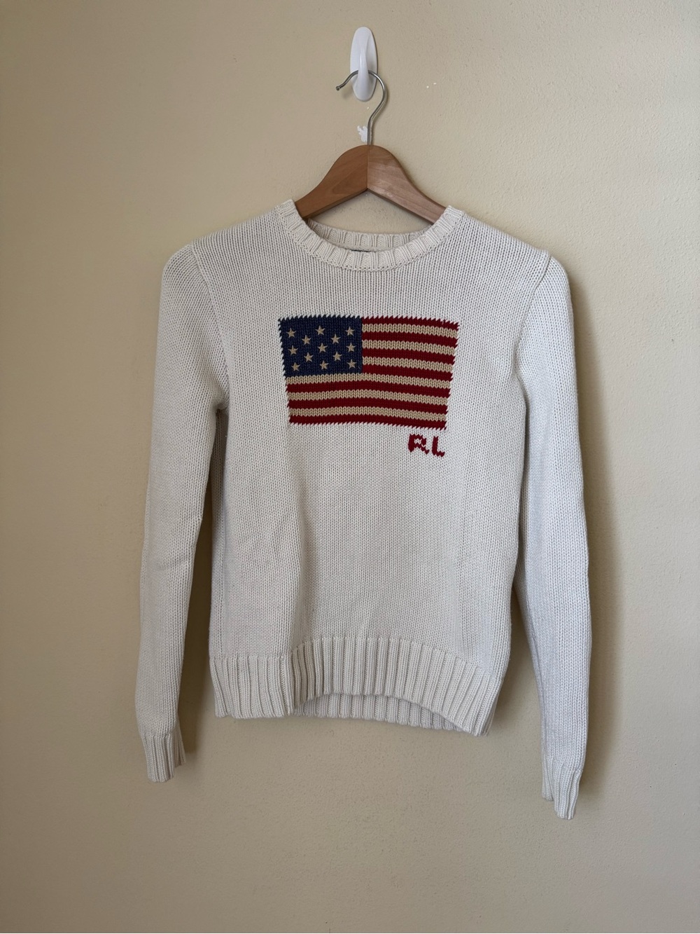 Polo Ralph Lauren American Flag Sweater USA Knit Crewneck Cream Small